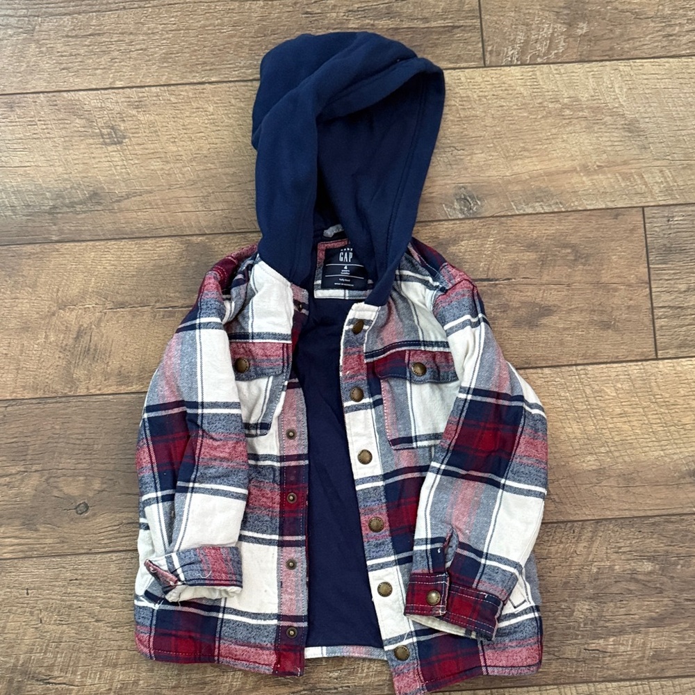 GAP Kids Red and Navy Plaid Hooded Jacket